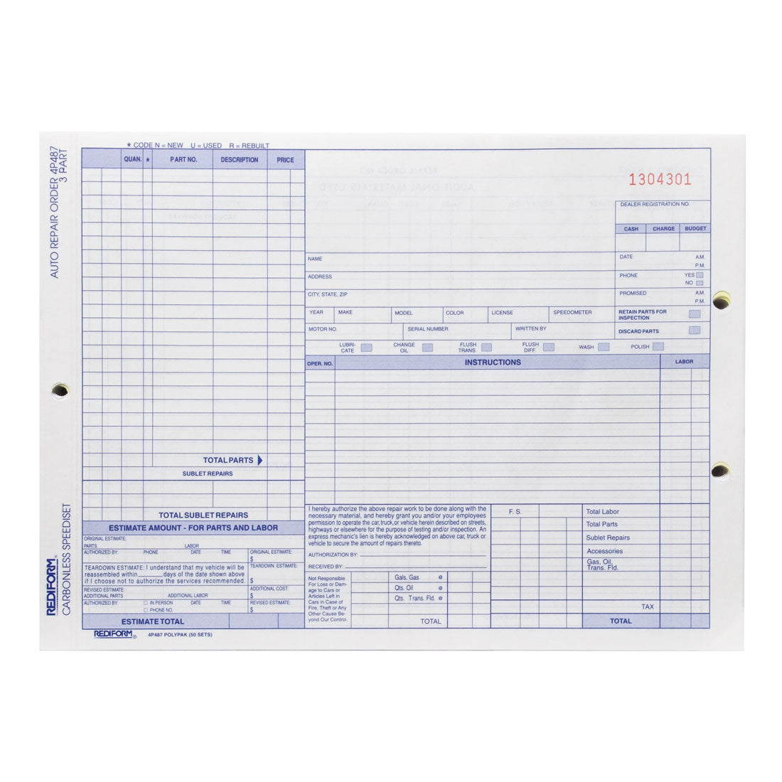 Auto Repair Order Polypack 4P487