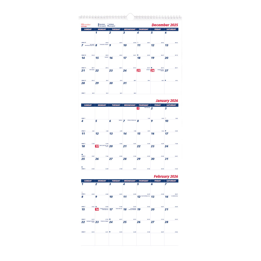 Brownline Three-Month Wall Calendar, 14 Months, 2026 C171128-26