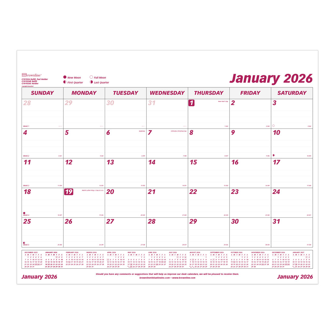 Brownline Monthly Desk Pad Refill, 2026 C191924R-26