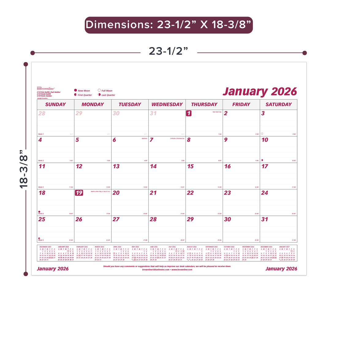 Brownline Monthly Desk Pad Refill, 2026 C191924R-26
