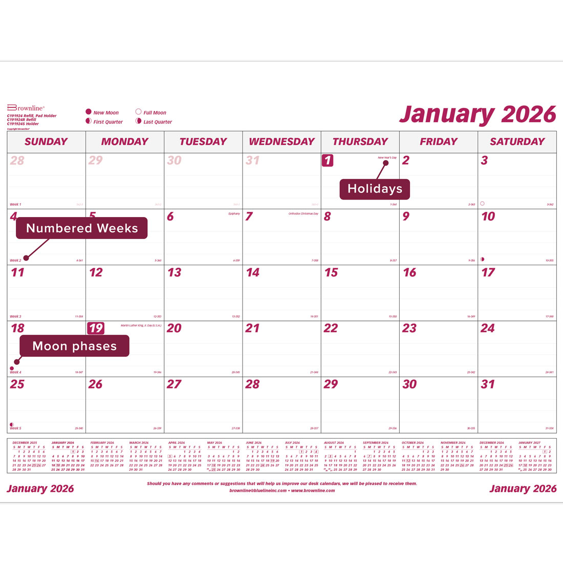 Brownline Monthly Desk Pad Refill, 2026 C191924R-26
