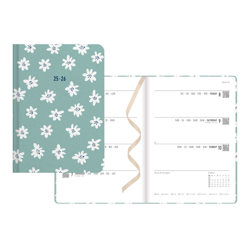Daisies Academic Weekly Planner, A6, 2026 - 2027 - Multilingual 27-031869  #color_daisies-mint
