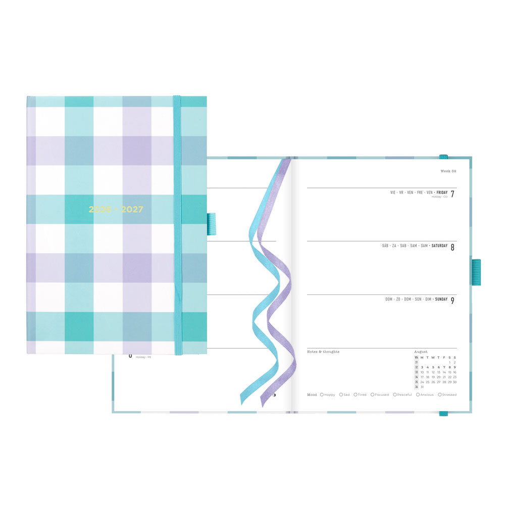 Gingham Academic Weekly Planner, A5, 2026 - 2027 - Multilingual 27-031931 #color_gingham-aqua