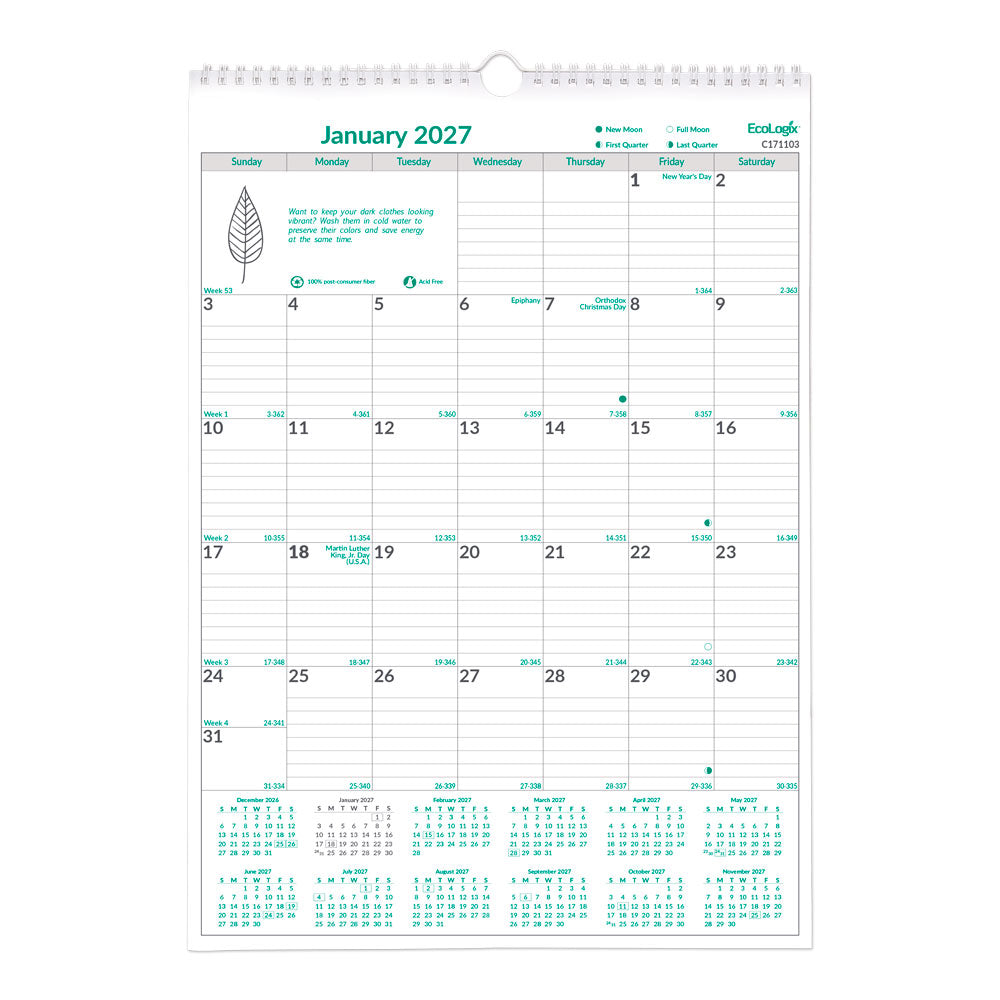 Blueline Monthly Wall Calendar, EcoLogix®, 2027 C171103-27