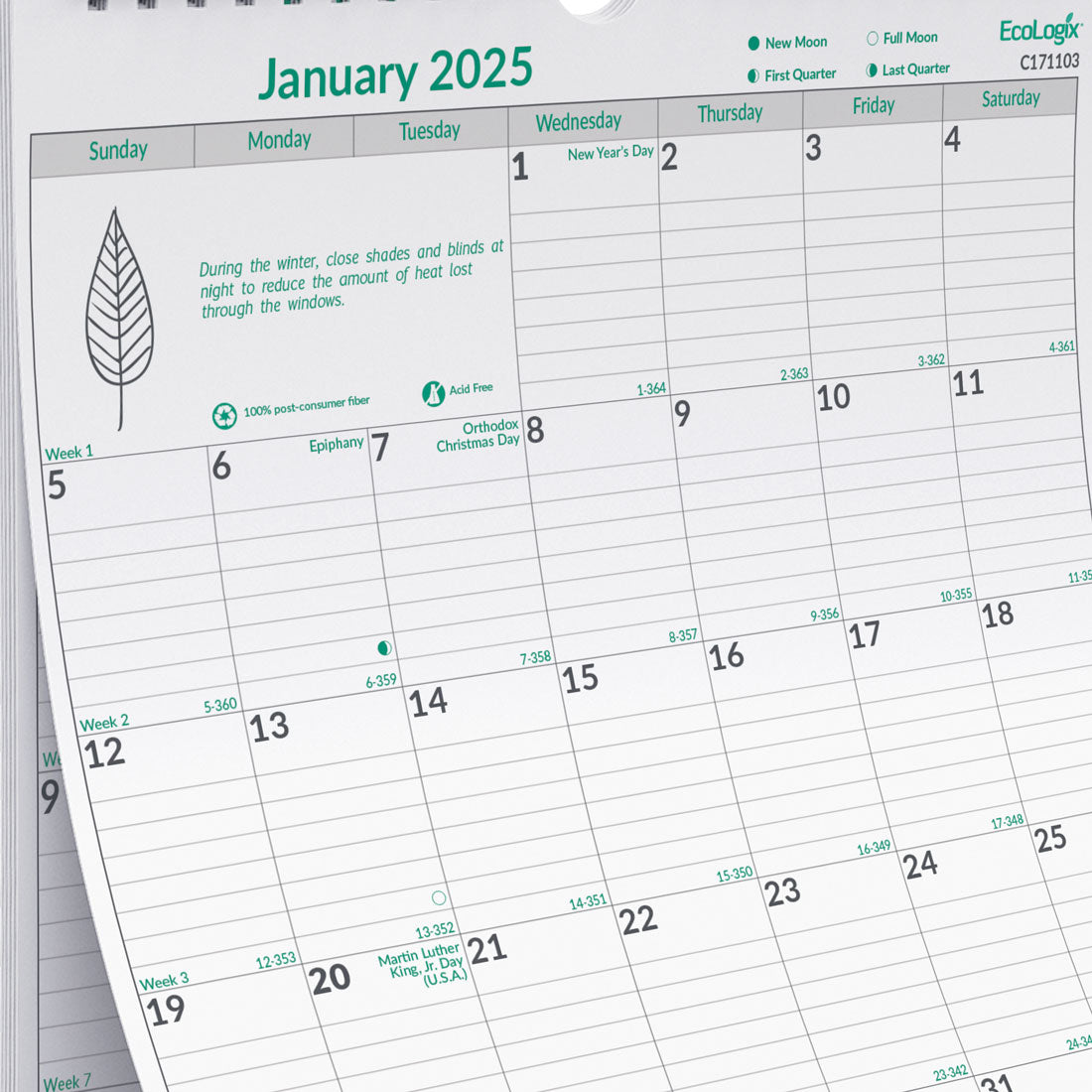 EcoLogix® Monthly Wall Calendar 2025, C171103