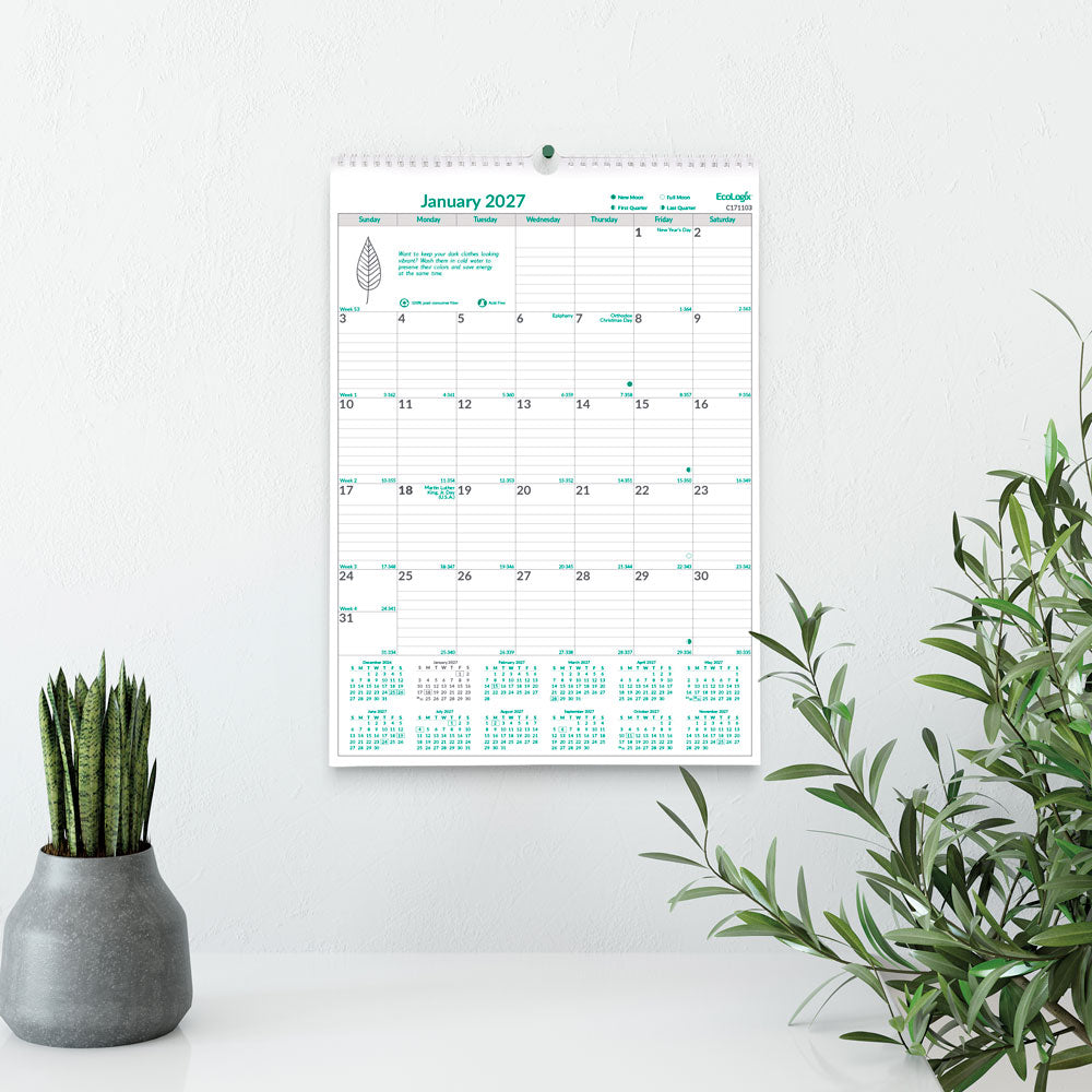 Blueline Monthly Wall Calendar, EcoLogix®, 2027 C171103-27