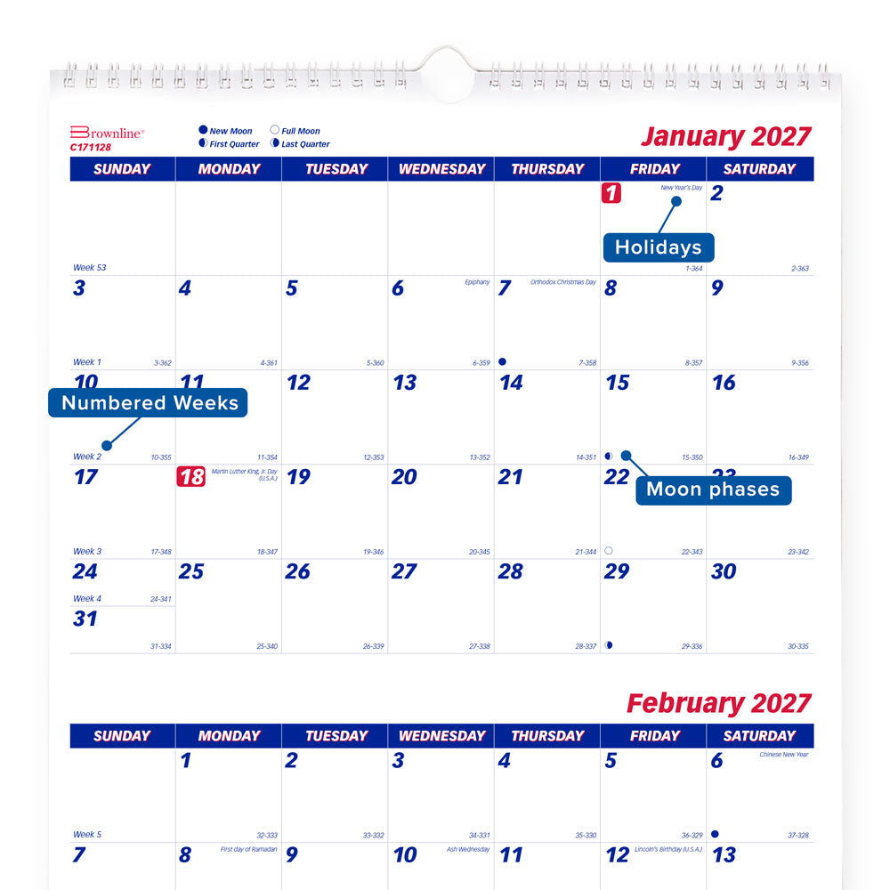 Monthly Wall Calendar, 2027 C171128-27 Brownline