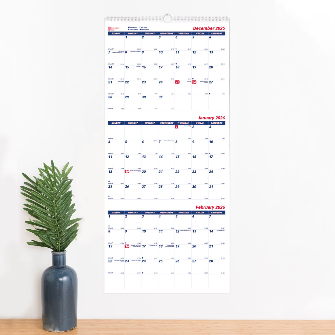 Brownline Three-Month Wall Calendar, 14 Months, 2026 C171128-26