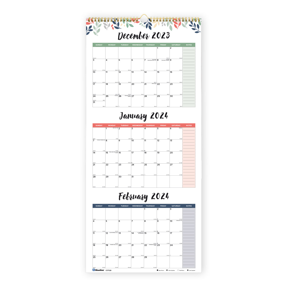 Colorful Three-Month Wall Calendar 2024