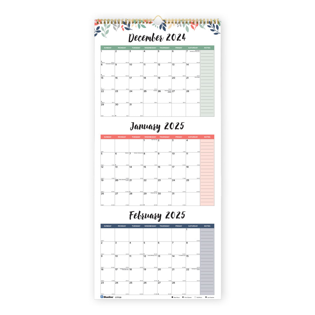 Colorful Three-Month Wall Calendar 2025, English, C171129