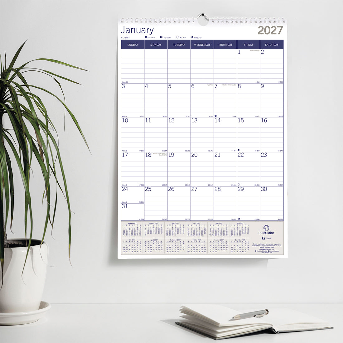 Monthly Wall Calendar, DuraGlobe™, 2027 C171203-27 Blueline