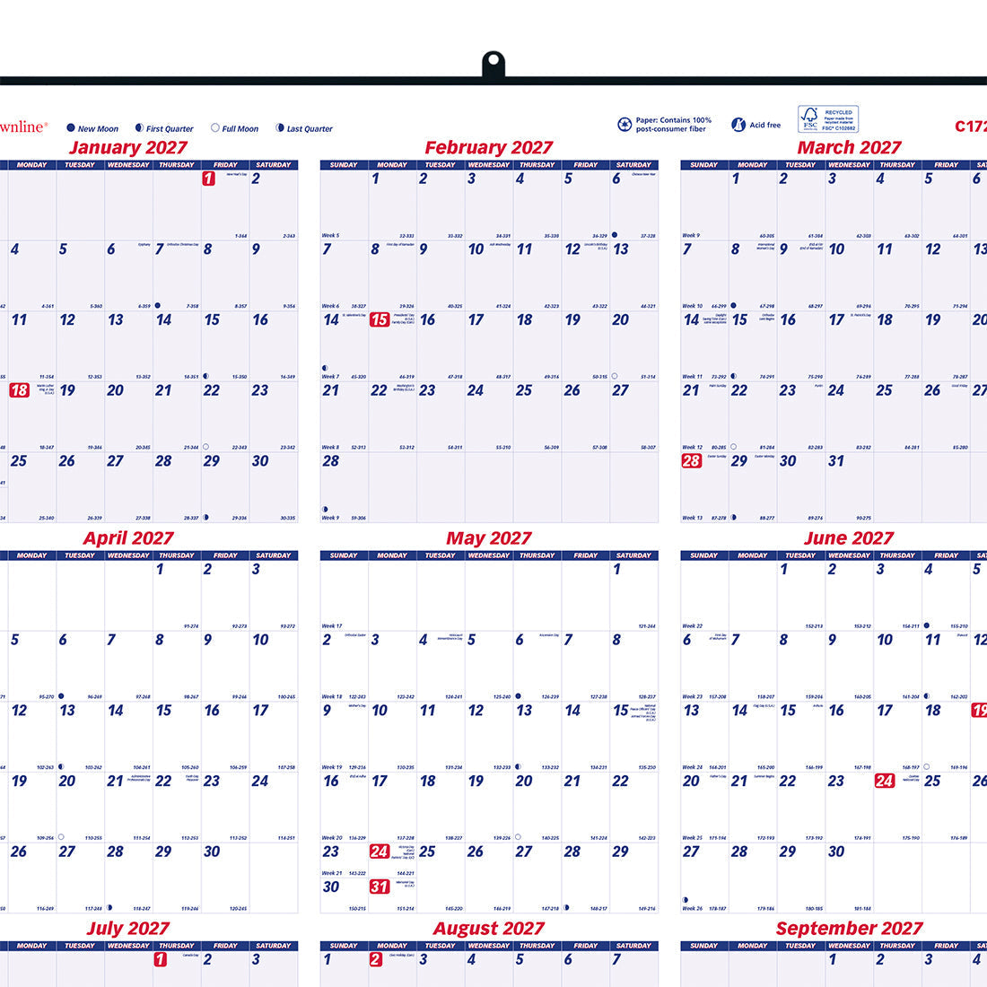 Yearly Wall Planner, 2027 C172212-27 Brownline