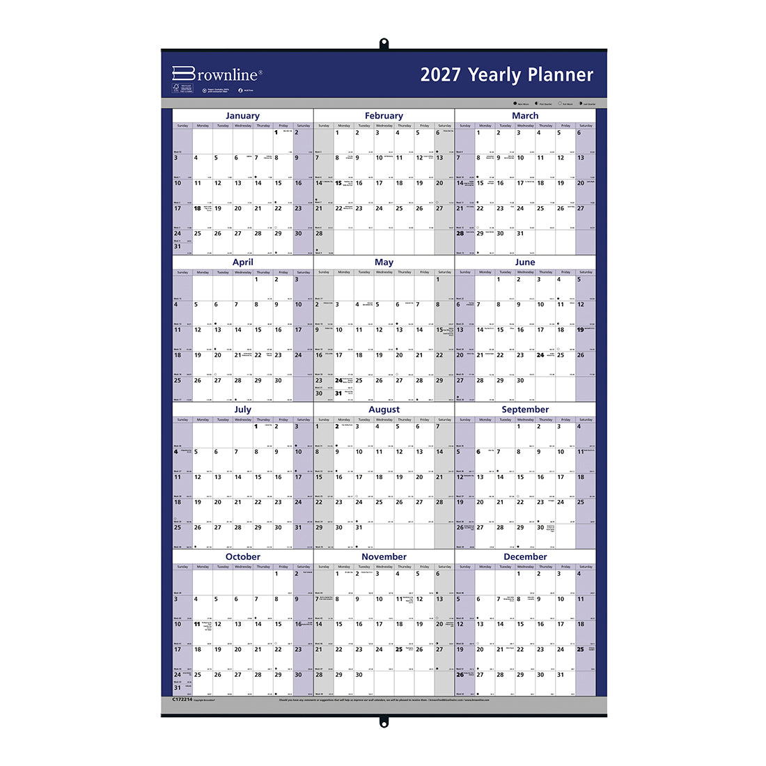 Yearly Wall Planner, 2027 C172214-27 Brownline