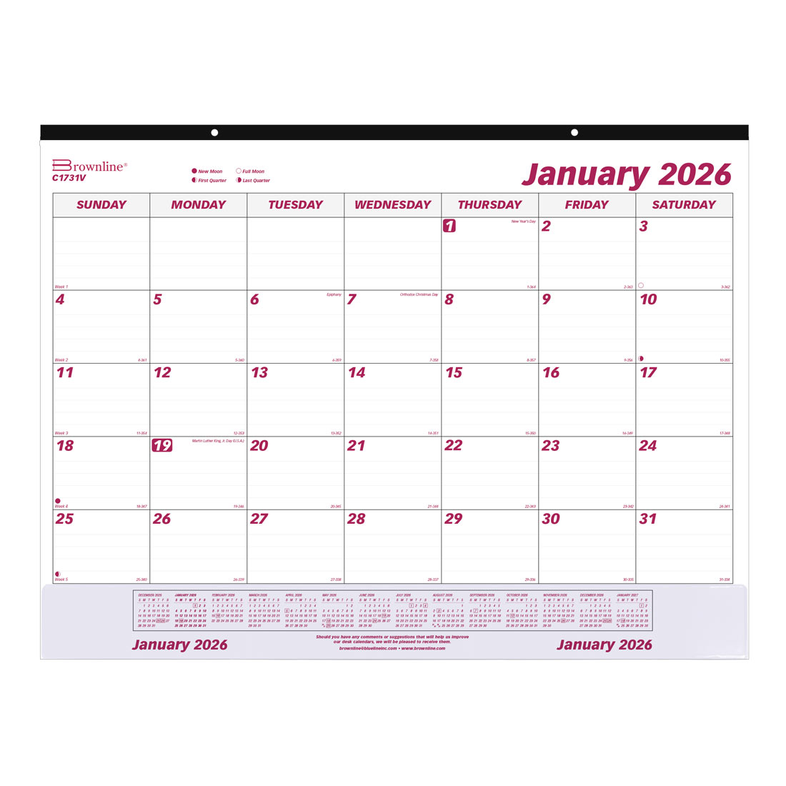 Brownline Monthly Desk Pad Calendar, Vinyl Strip, 2026 C1731V-26