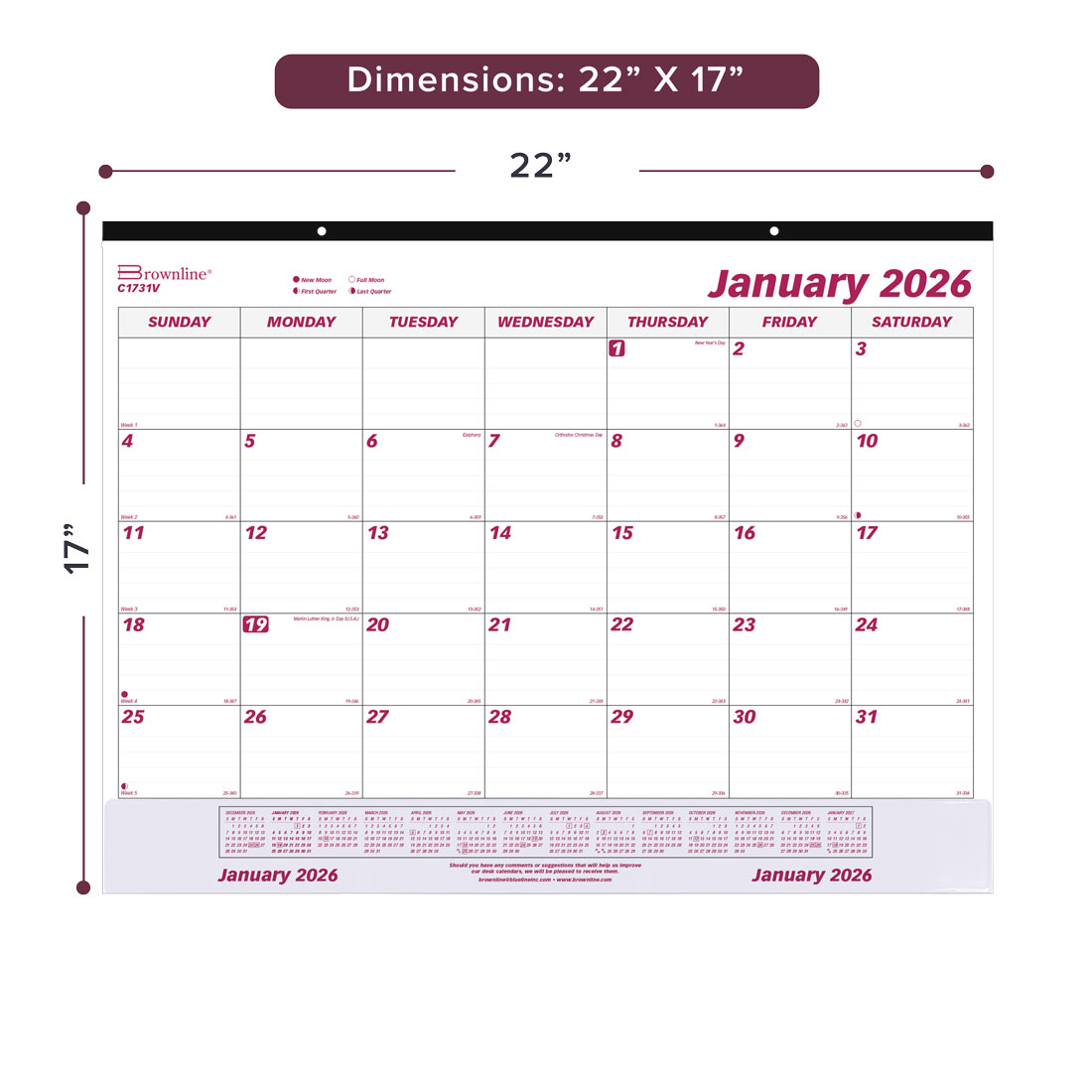 Brownline Monthly Desk Pad Calendar, Vinyl Strip, 2026 C1731V-26