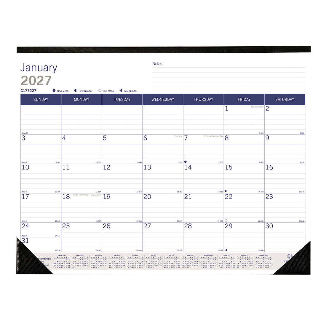 Monthly Desk Pad Calendar, DuraGlobe™, 2027 C177227-27 Blueline