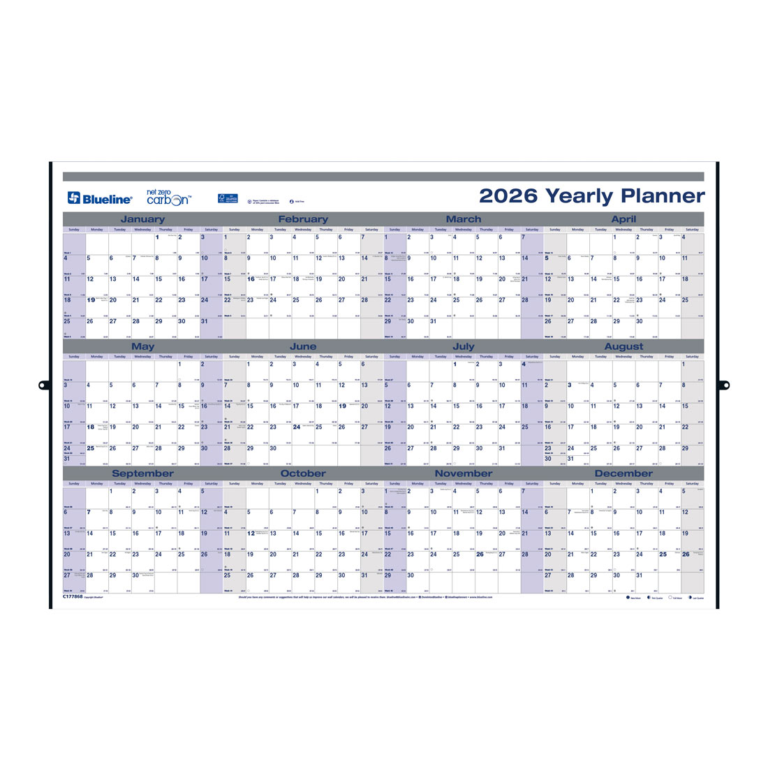 Blueline Net Zero Carbon™ Erasable - Reversible Yearly Wall Planner, 2026 C177868-26