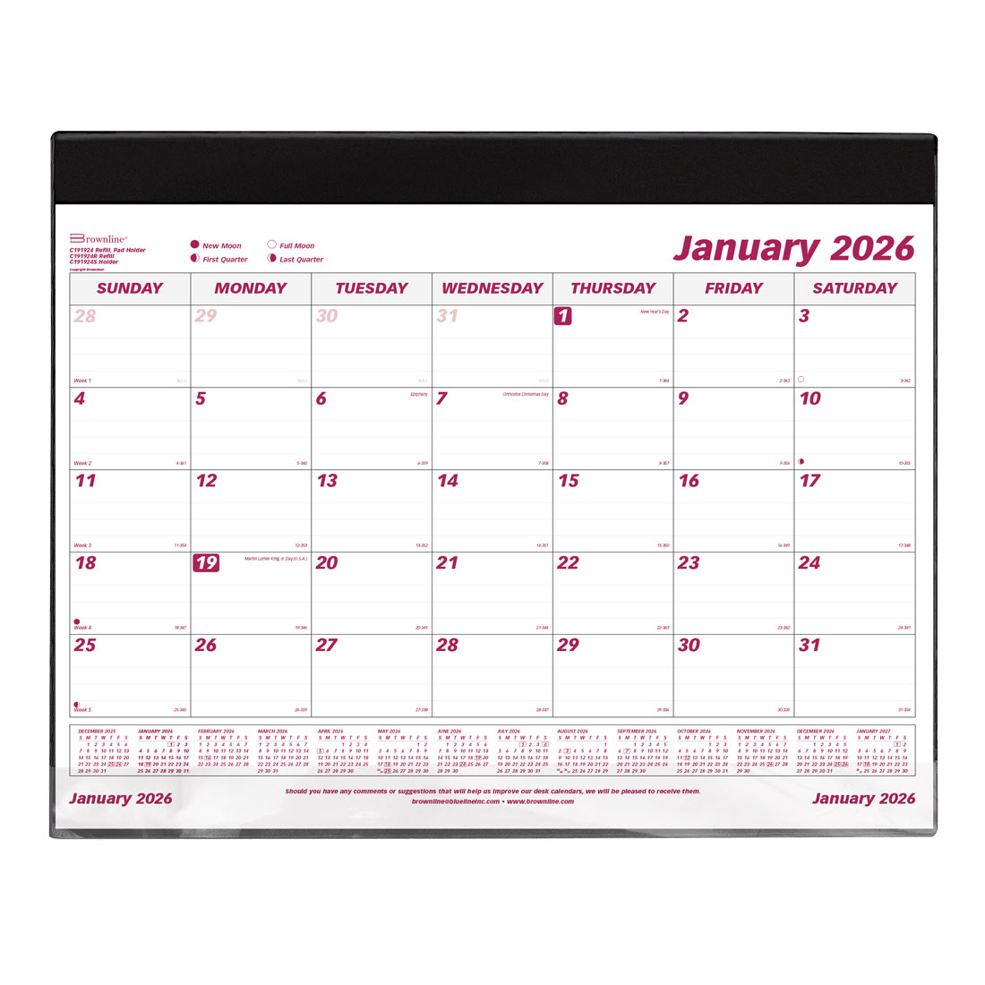 Brownline Monthly Desk Pad, Refillable, 2026 C191924-26
