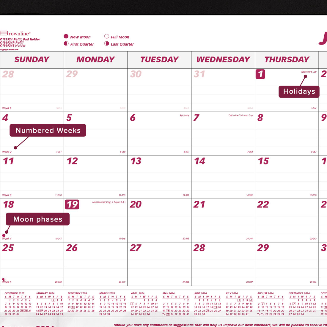 Brownline Monthly Desk Pad, Refillable, 2026 C191924-26