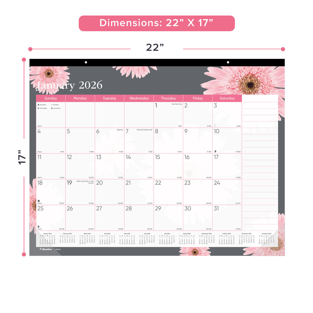 Blueline Pink Daisy Monthly Desk Pad Calendar, 2026 C193105-26