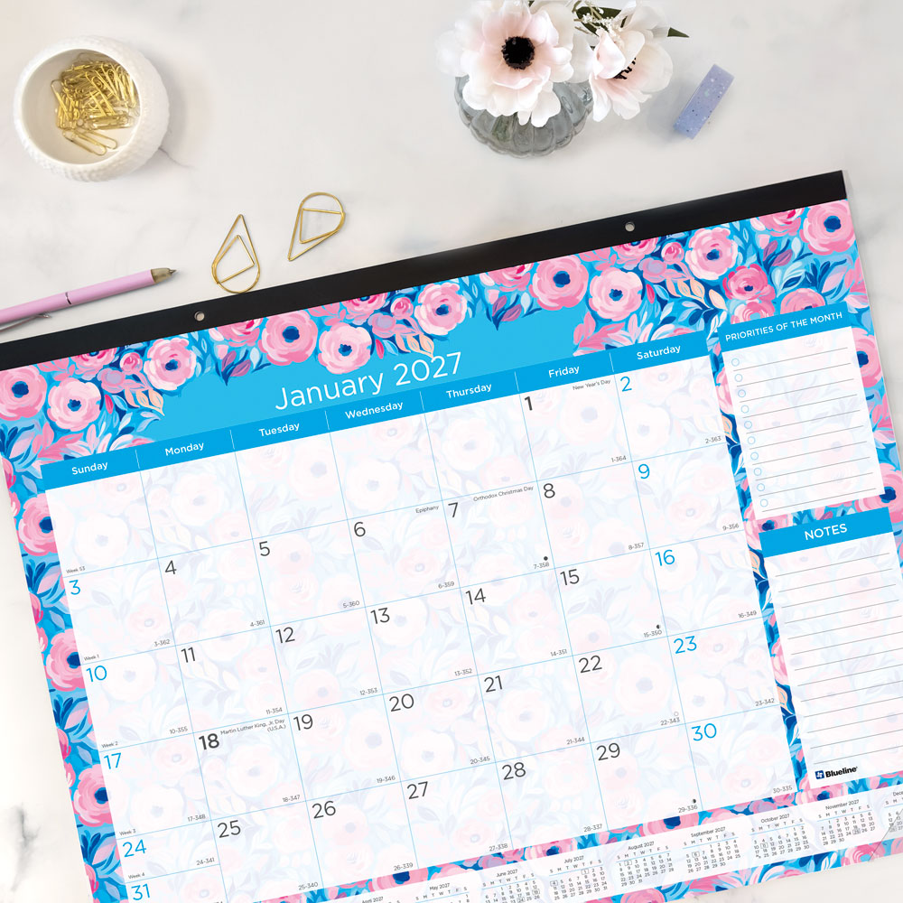 Monthly Desk Pad Calendar, Floral, 2027 C194128-27 Blueline