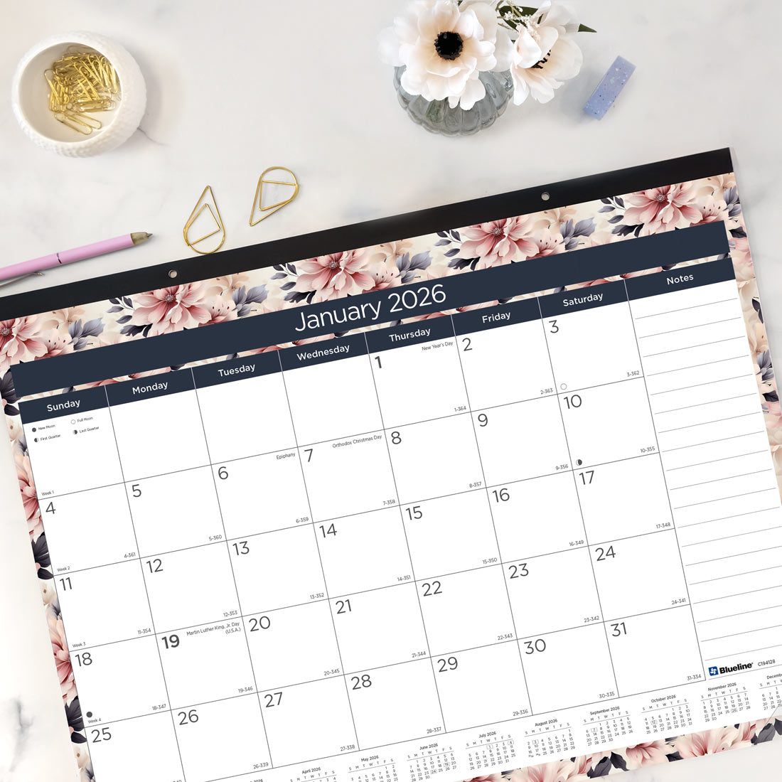Blueline Colorful Monthly Desk Pad Calendar, Floral, 2026 C194128-26