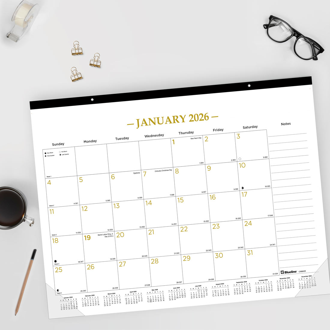 Blueline Classic Gold Monthly Desk Pad Calendar, 2026 C199003-26