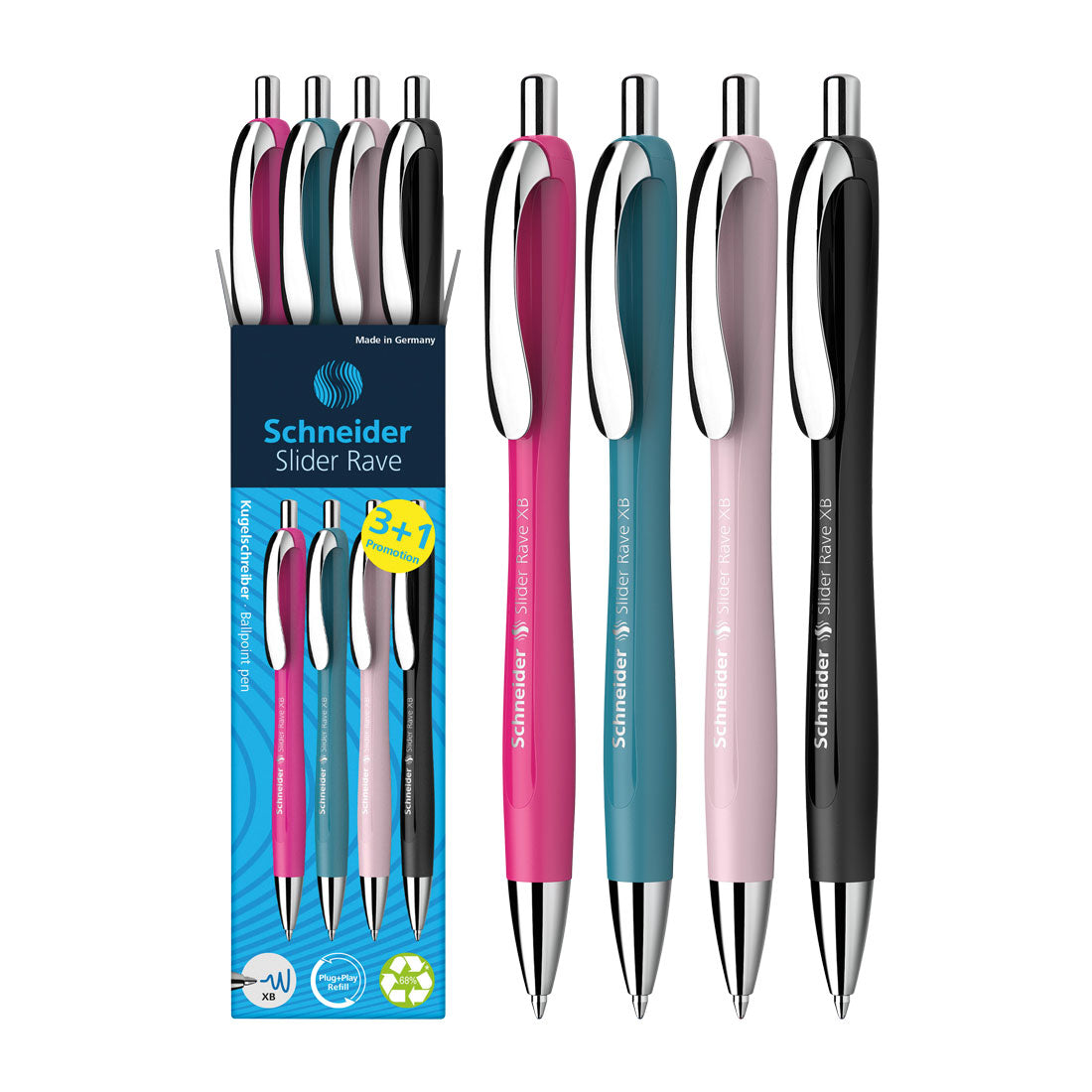 Schneider Rave Retractable Ballpoint Pen XB, Special Limited Edition, Blue Ink, Promo Set of 3 Units + 1 FREE Pen 132564