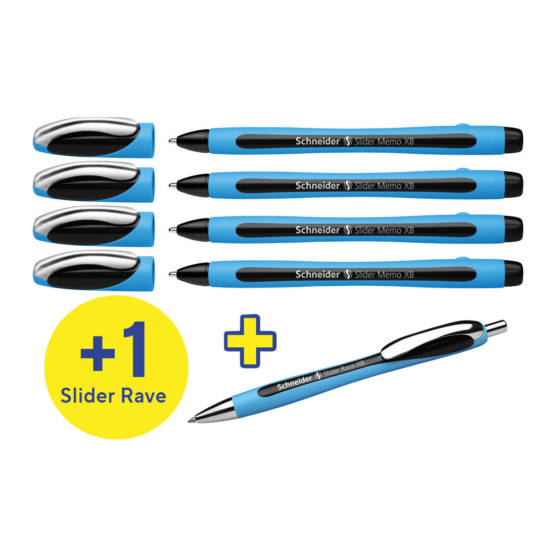Schneider Memo Ballpoint Pens XB,Black Ink, Promo Set of 4 Units + 1 FREE Rave 150245