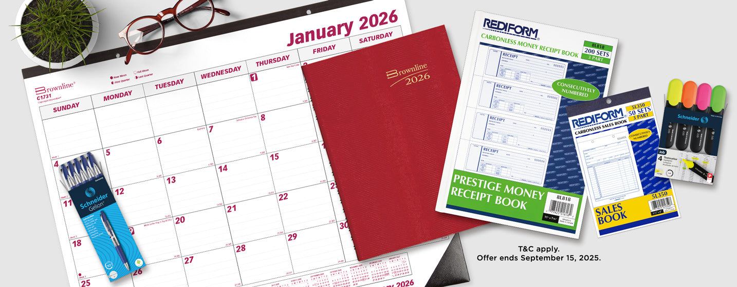 Assorted office supplies including a calendar, notebooks, and stationery items on a white surface.
