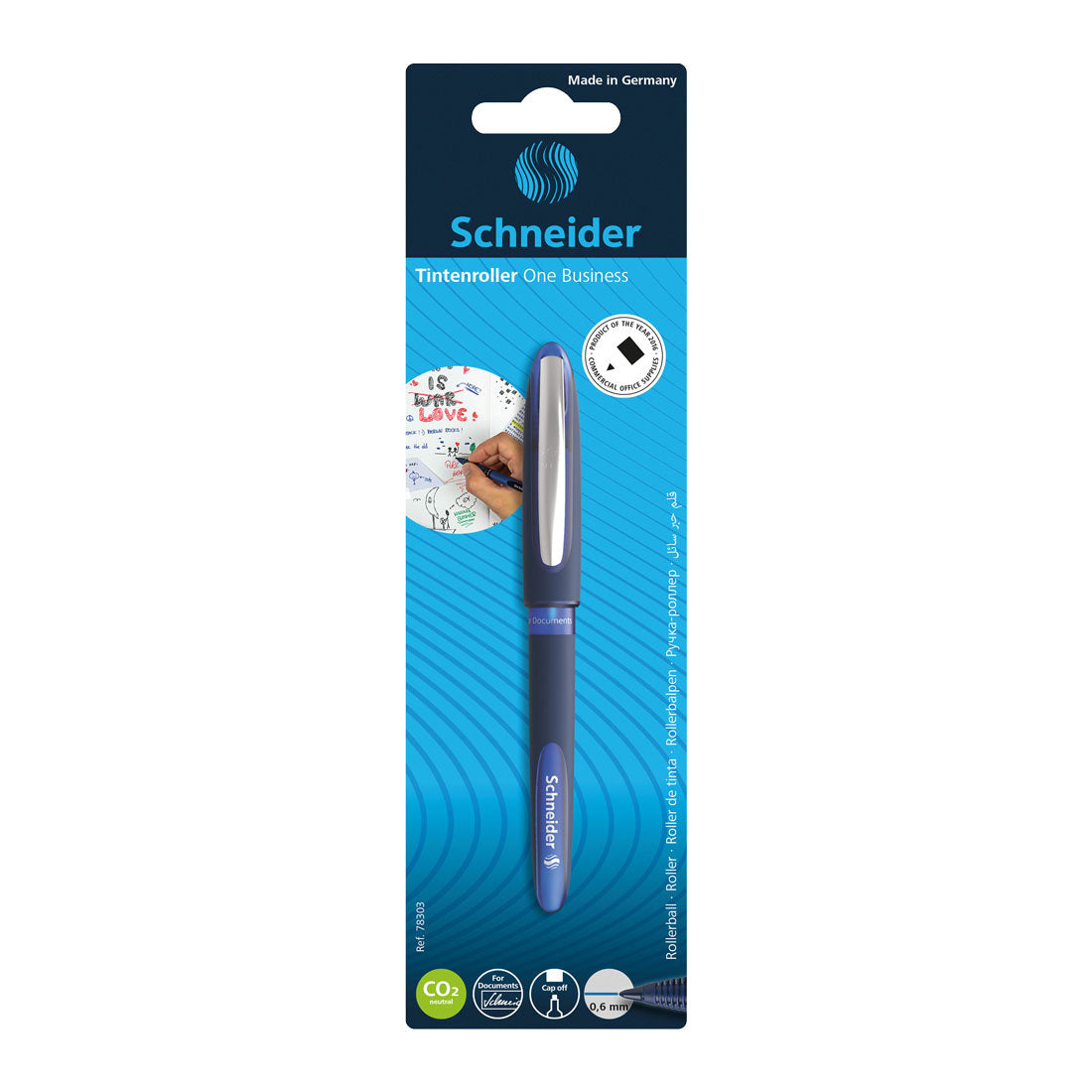 Schneider One Business Rollerball Pen, 0.6 mm Ultra-Smooth Tip, Blue Barrel, Blue Ink, Blister Pack of 1 Pen (78303)